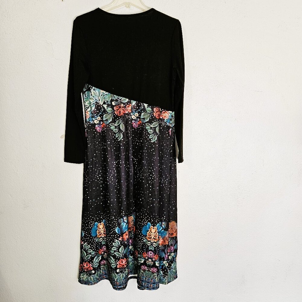 Generic Casual Stitching flower Print Elegant Black Midi Dress Size Medium - Picture 4 of 6